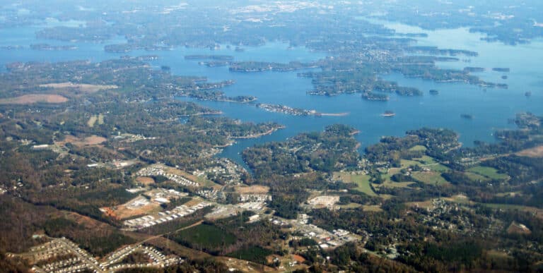 Aerial view over Lake Norman in North Carolina showing its many wooded coves and inlets