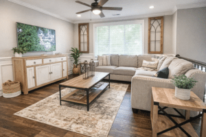 Modern farmhouse living room layout