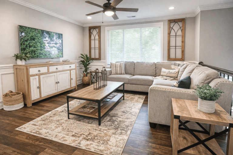Modern farmhouse living room layout