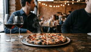 Charred thin-crust pizza and poured wine at a NoDa spot known for the best pizza in Charlotte