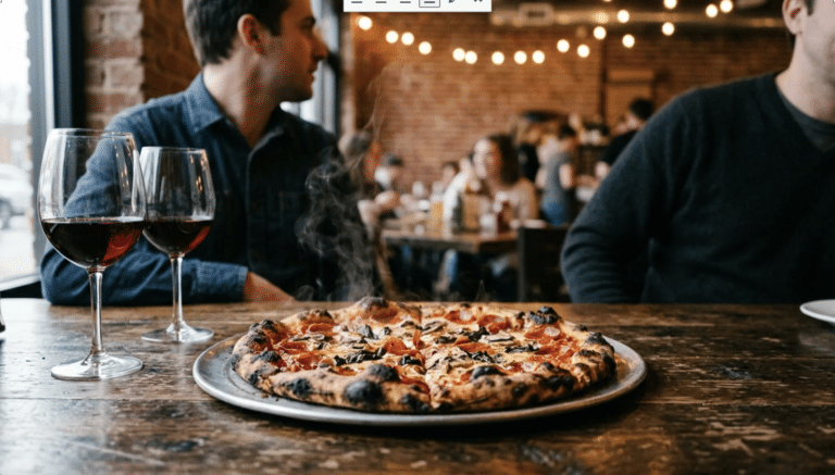 Charred thin-crust pizza and poured wine at a NoDa spot known for the best pizza in Charlotte